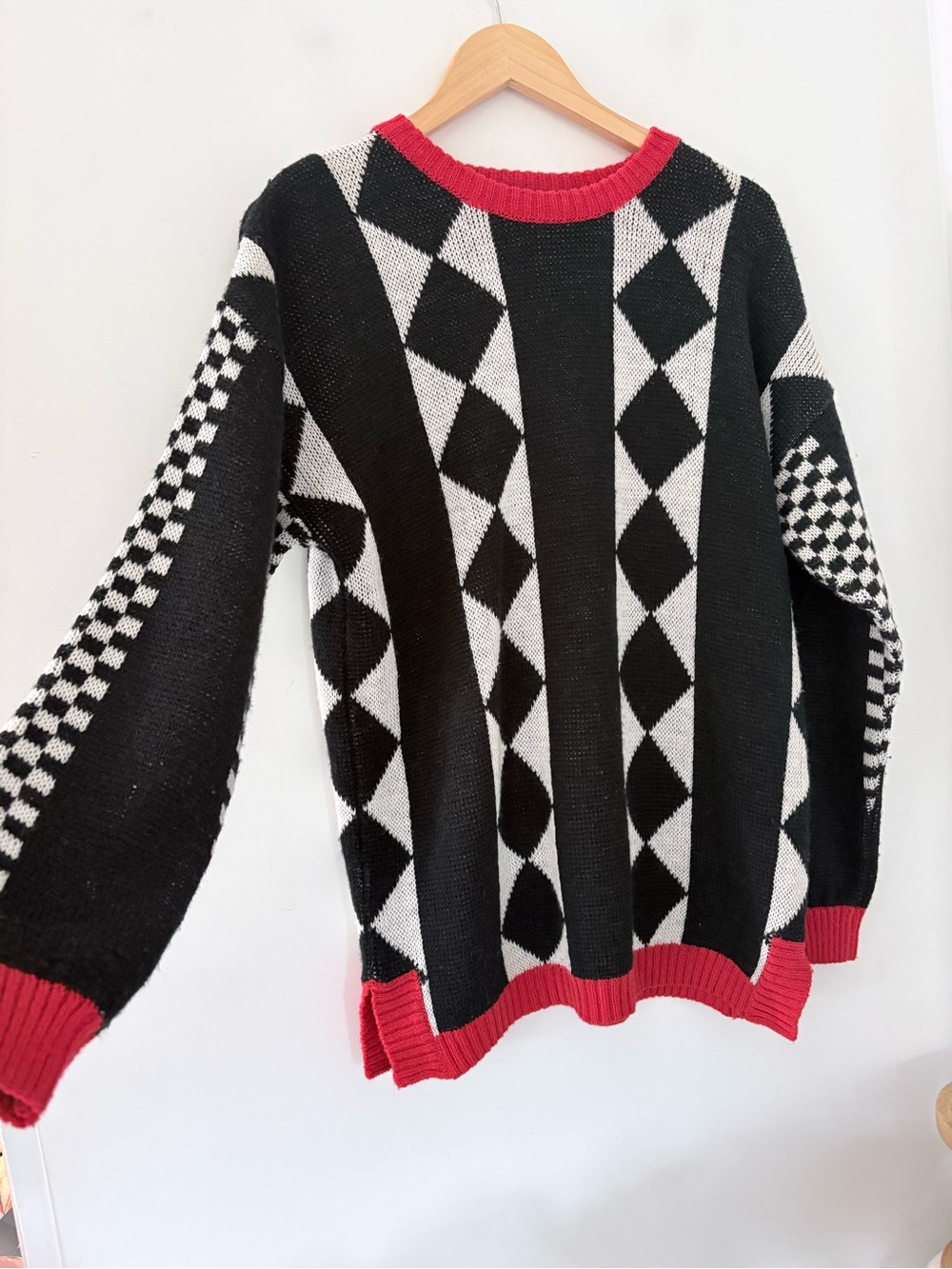 80’s LIZSPORT Diamond Check Design LS Tunic Sweater S Black White Red Relax Fit